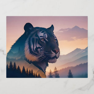 Postal Festiva Con Relieve Metalizado Exposición doble del tigre Naturaleza animal Salva