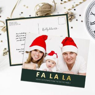 Postal Festiva Con Relieve Metalizado Fa La La Green Gold Navidades Modernos Foto