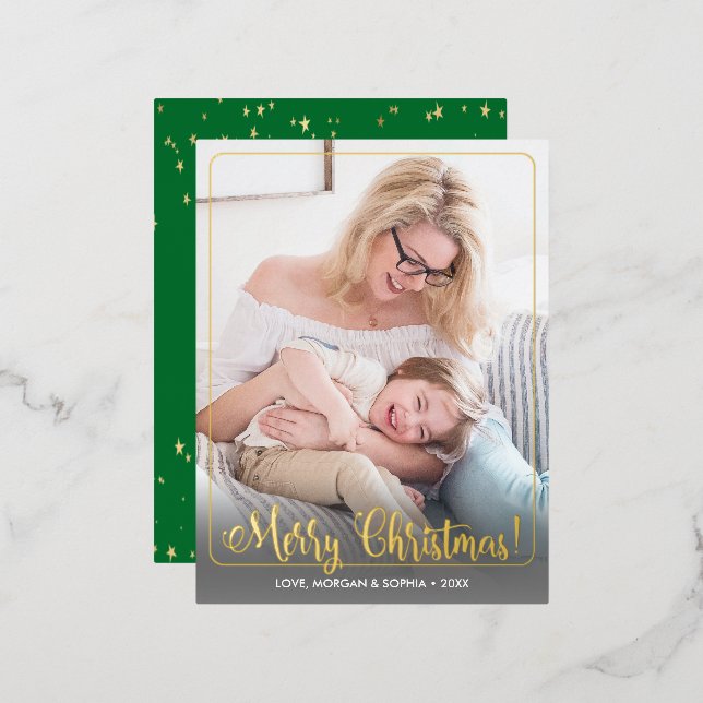 Postal Festiva Con Relieve Metalizado Fancy Merry Christmas, Photo, Name Message, Border (Anverso/Reverso)