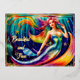Postal Festiva Con Relieve Metalizado Fantasía Chica Sirenita Naturaleza Nymph Lograda