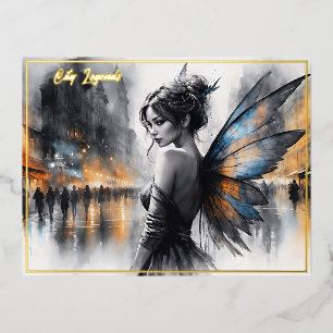 Postal Festiva Con Relieve Metalizado Fantasía hadas urbanas elegante belleza luces de e