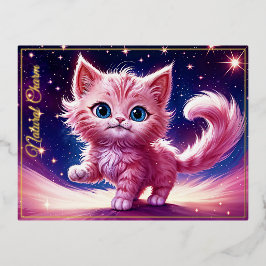 Postal Festiva Con Relieve Metalizado Fantasía rosa flauta gatito ojos azules brillantes