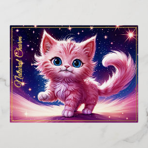 Postal Festiva Con Relieve Metalizado Fantasía rosa flauta gatito ojos azules brillantes