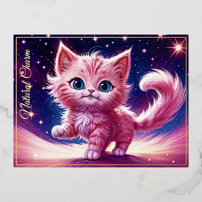 Postal Festiva Con Relieve Metalizado Fantasía rosa flauta gatito ojos azules brillantes (Anverso)