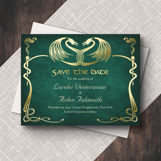 Postal Festiva Con Relieve Metalizado Fantasy Dragon Green Wedding Save the Date Card (Subido por el creador)