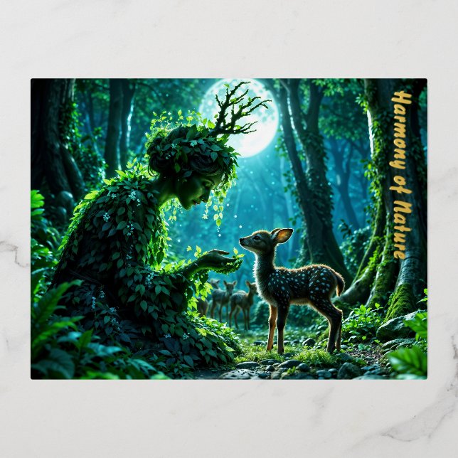 Postal Festiva Con Relieve Metalizado Fantasy woodland goddess and gentle deer art (Anverso)