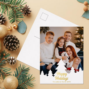 Postal Festiva Con Relieve Metalizado Felices Fiestas Árboles de Navidad Familia Foto Or