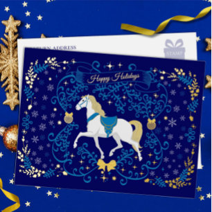 Postal Festiva Con Relieve Metalizado Felices Fiestas Caballo de Cascabel de Papel de Es
