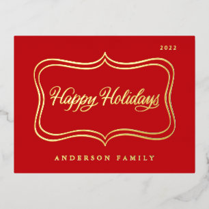 Postal Festiva Con Relieve Metalizado Felices Fiestas Clásicas Marco Dorado