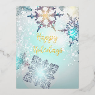 Postal Festiva Con Relieve Metalizado Felices Fiestas Copo de Nieve Azul Hielo