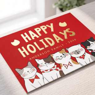 Postal Festiva Con Relieve Metalizado Felices Fiestas Gatos Divertidos y Lindos Cantando