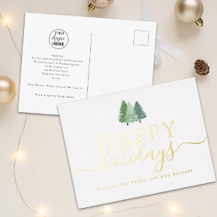 Postal Festiva Con Relieve Metalizado Felices Fiestas Logotipo de Negocios Árboles de Na