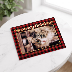 Postal Festiva Con Relieve Metalizado Felices Fiestas Plaid Moderno Divertido Gato Masco