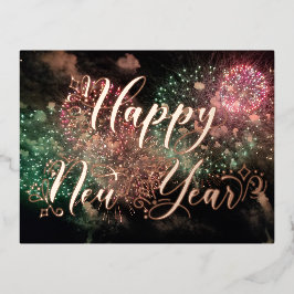 Postal Festiva Con Relieve Metalizado Felices fuegos artificiales de tipografía de oro R