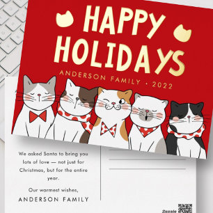 Postal Festiva Con Relieve Metalizado Felices vacaciones Graciosos y deliciosos gatos
