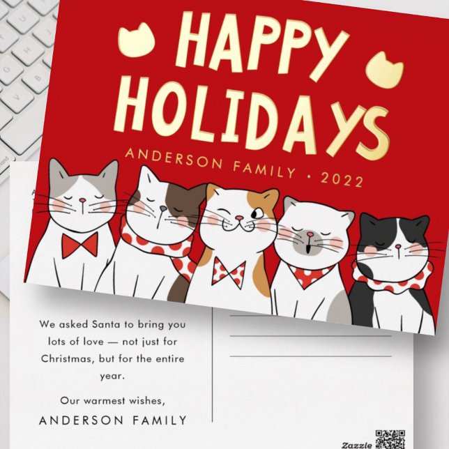 Postal Festiva Con Relieve Metalizado Felices vacaciones Graciosos y deliciosos gatos (Subido por el creador)