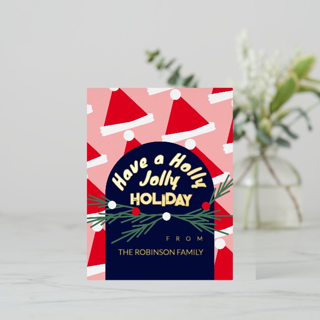 Postal Festiva Con Relieve Metalizado Felicitación de Navidad alegre y rosa adorable (Anverso de pie)