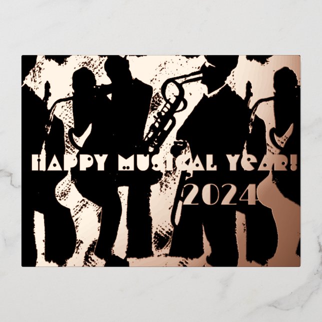Postal Festiva Con Relieve Metalizado Feliz año musical 2024 (Anverso)