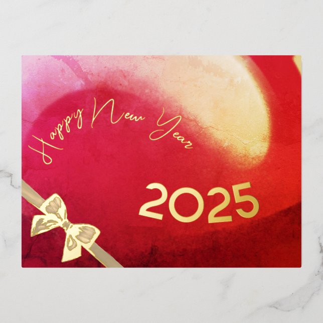 Postal Festiva Con Relieve Metalizado Feliz Año Nuevo 2024, ola roja y dorada (Anverso)