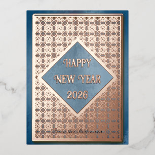 Postal Festiva Con Relieve Metalizado Feliz año nuevo 2026 Patrón de oro rosa