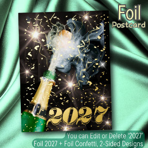 Postal Festiva Con Relieve Metalizado Feliz Año Nuevo champán papel de oro confeti moder