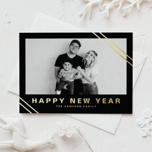 Postal Festiva Con Relieve Metalizado Feliz Año Nuevo con Rayas Modernas en Negro