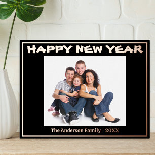 Postal Festiva Con Relieve Metalizado Feliz Año Nuevo Personalizado Festividad Negra Mod