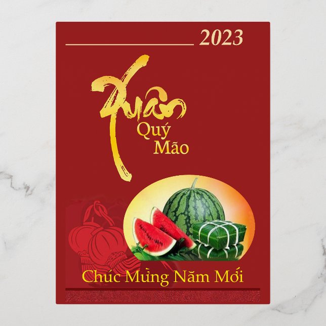 Postal Festiva Con Relieve Metalizado Feliz Año Nuevo Tet Chuc Mung Nam Moi (Anverso)