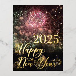 Postal Festiva Con Relieve Metalizado Feliz Año Nuevo Tipografía de Oro Fireworks Vertic