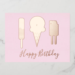 Postal Festiva Con Relieve Metalizado Feliz Cumpleaños Helado Foil Rosa Fiesta