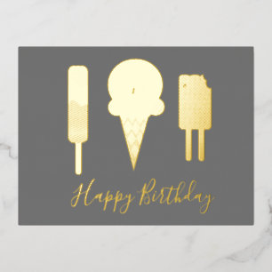 Postal Festiva Con Relieve Metalizado Feliz Cumpleaños Helado Gris Foil Fiesta 