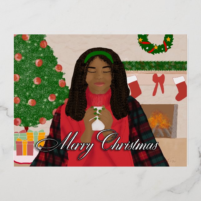Postal Festiva Con Relieve Metalizado Feliz Feliz Navidad - Navidades afroamericanos (Anverso)