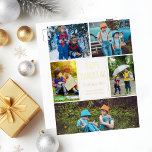 Postal Festiva Con Relieve Metalizado Feliz Hanukkah Collage de fotos moderno oro elegan<br><div class="desc">Esta bonita y moderna postal de Relieve metalizado de oro Happy Hanukkah presenta una moderna disposición de 5 fotos familiares sobre un fondo blanco con una tipografía elegante. Esta hermosa postal judía de festividad fotográfica muestra su propio collage de fotografías que rodea su mensaje y nombre de familia.</div>