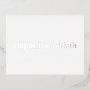 Postal Festiva Con Relieve Metalizado Feliz Hanukkah de plata blanca tipografía minimali