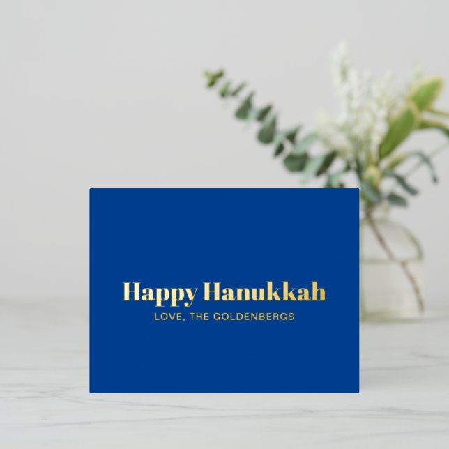 Postal Festiva Con Relieve Metalizado Feliz Hanukkah oro azul franjas modernas personali (Anverso de pie)