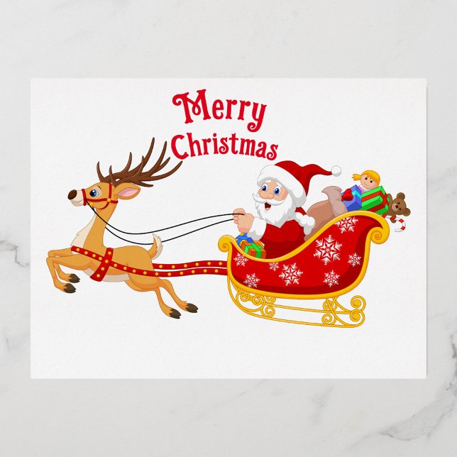 Postal Festiva Con Relieve Metalizado Feliz Navidad (Cartoon illustration of Santa Claus riding in a red and gold sleigh pulled by a reindeer.)