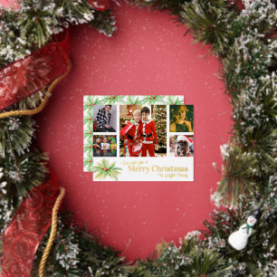 Postal Festiva Con Relieve Metalizado Feliz Navidad 5 fotos personalizadas arte de acebo