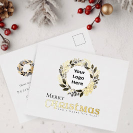 Postal Festiva Con Relieve Metalizado Feliz Navidad Black Gold Wreath Business