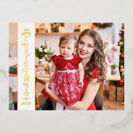 Postal Festiva Con Relieve Metalizado Feliz Navidad blanco 2 fotos oro de la familia