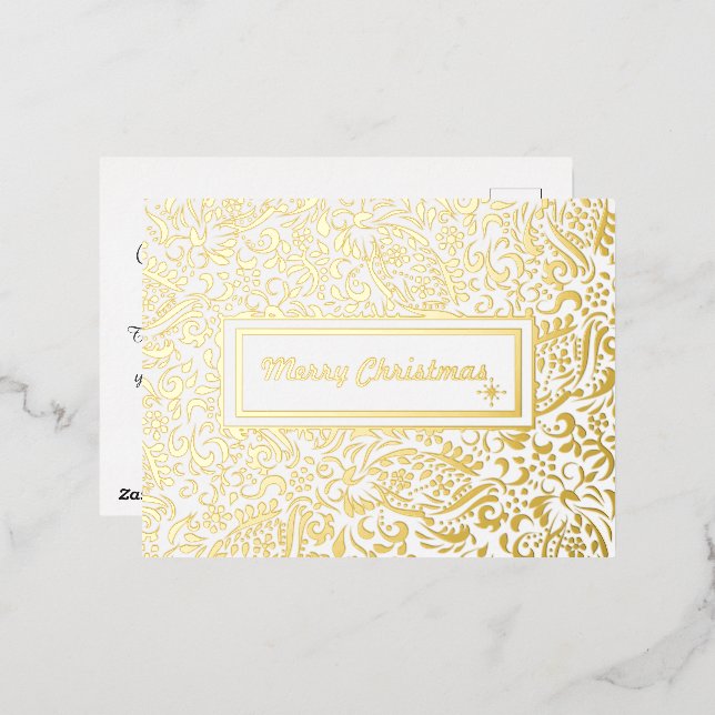 Postal Festiva Con Relieve Metalizado Feliz Navidad Blanco Personalizado. Oro. (Anverso/Reverso)