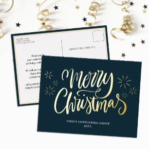 Postal Festiva Con Relieve Metalizado Feliz Navidad Blue Gold Calligraphy Business