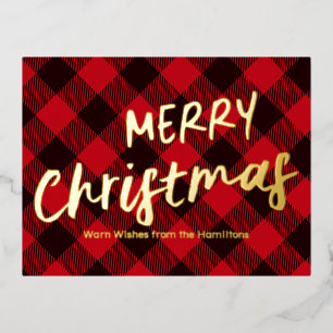 Postal Festiva Con Relieve Metalizado Feliz Navidad Buffalo Cuadros Rojos