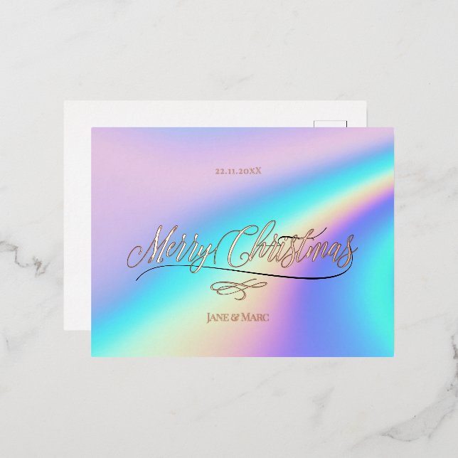 Postal Festiva Con Relieve Metalizado Feliz Navidad Caligrafía Holográfica (Anverso/Reverso)