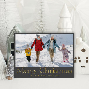 Postal Festiva Con Relieve Metalizado Feliz Navidad Caligrafía y Foto con Hojuela de Oro