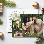 Postal Festiva Con Relieve Metalizado Feliz Navidad Collage de fotos de caligrafía oro<br><div class="desc">Envíe sus deseos especiales de vacaciones con esta célebre postal que presenta "Feliz Navidad" en una tipografía con letras a mano en Relieve metalizado de oro real - junto con 4 de sus fotos favoritas rodeadas por un borde de Relieve metalizado dorado. Añade fácilmente tu propio saludo de vacaciones mecanografiado...</div>