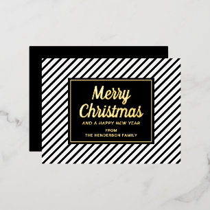 Postal Festiva Con Relieve Metalizado Feliz Navidad con Letra Dorada y Rayas Negras y Bl