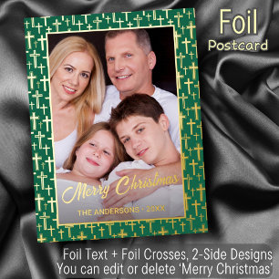 Postal Festiva Con Relieve Metalizado Feliz Navidad cruz cruz verde foto personalizado