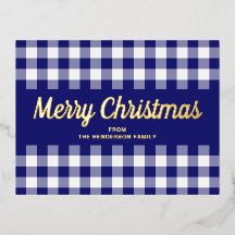 Feliz Navidad de Guingam Azul Escritura Dorada