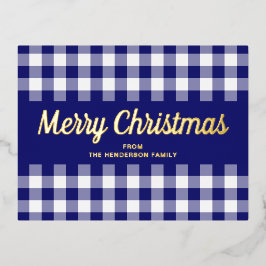 Postal Festiva Con Relieve Metalizado Feliz Navidad de Guingam Azul Escritura Dorada