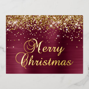 Postal Festiva Con Relieve Metalizado Feliz Navidad Dorado Brillo Burdeos Rojo